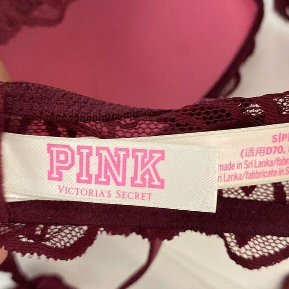 PINK Victoria's Secret Women's Maroon Racerback Date Lace Push Up Bra Size Small - Picture 11 of 12